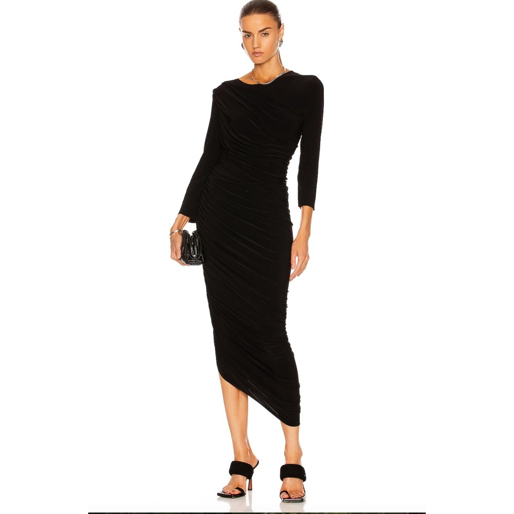 Norma Kamali Diana Long Sleeve Ruched Gown Size M/38‎ Black Jersey Asymmetrical